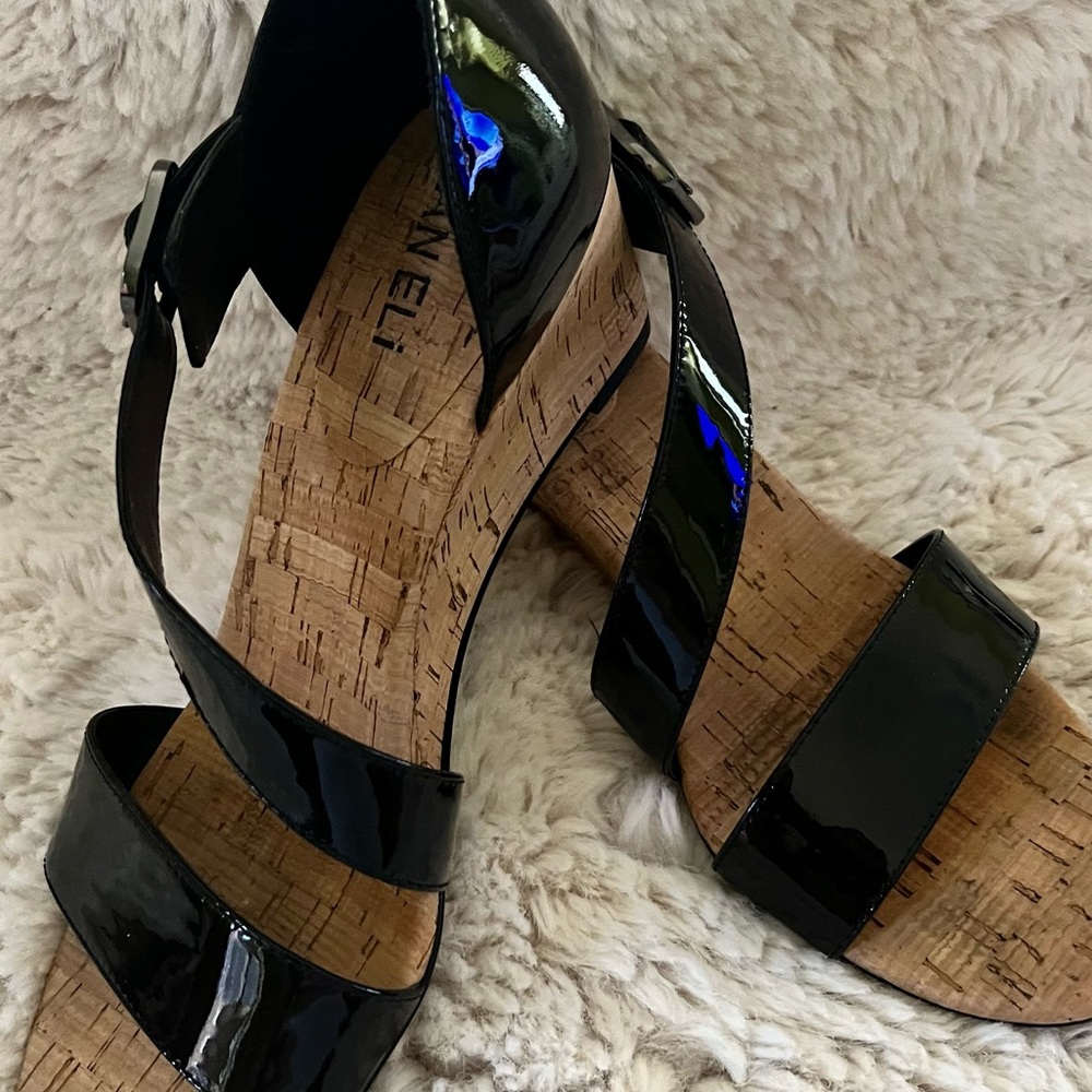 Vaneli Black Wedge Shoes with Patent Leather Straps
